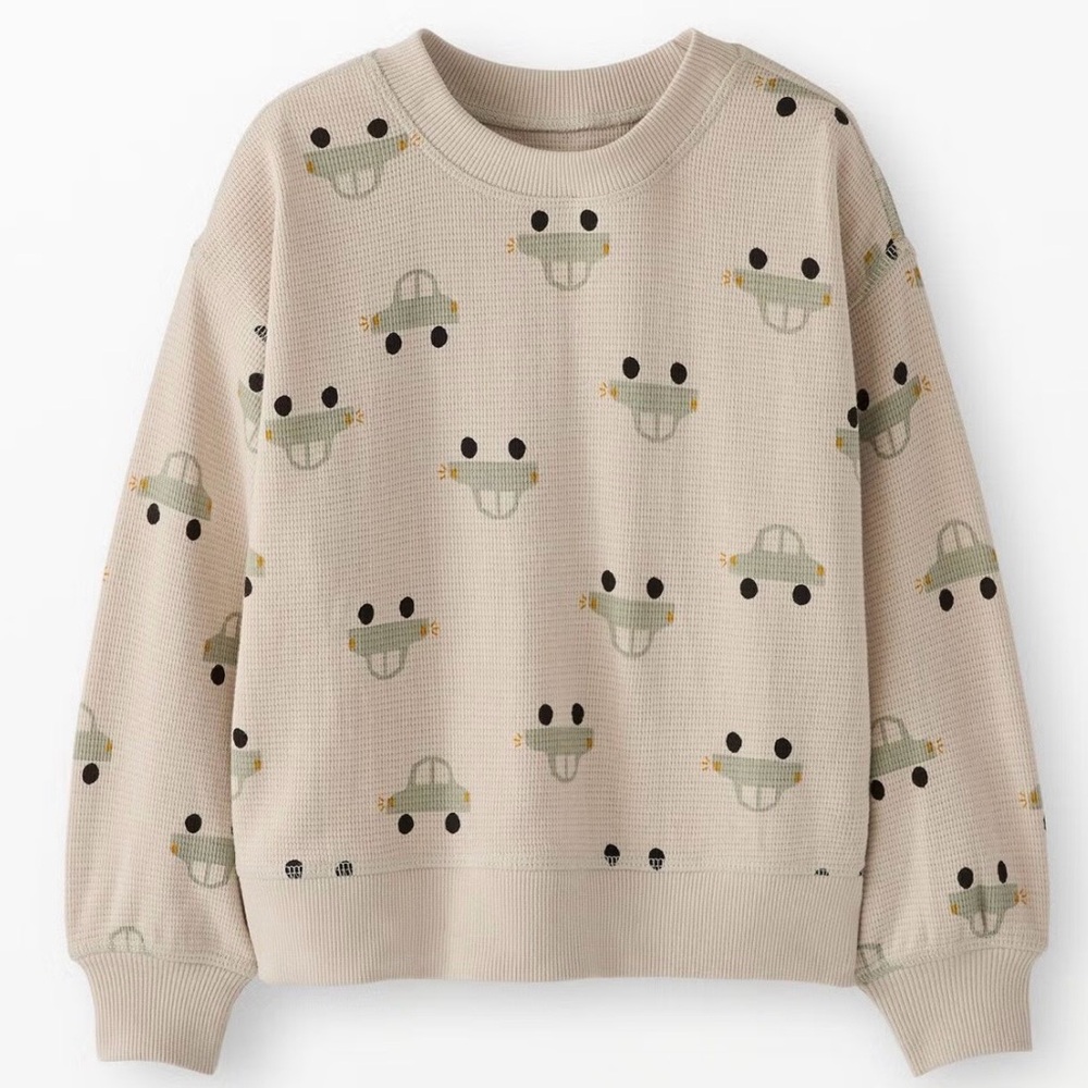 Hanna Andersson Waffle Crewneck in Cars on Pumice Stone, size 2T